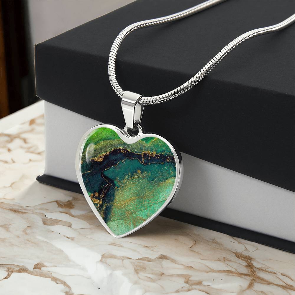 Abstract Alcohol Ink Pendant Necklace Modern Fluid Art Marble Texture Gold Painting Blots Green Shades Gold Trendy Contemporary Art Design