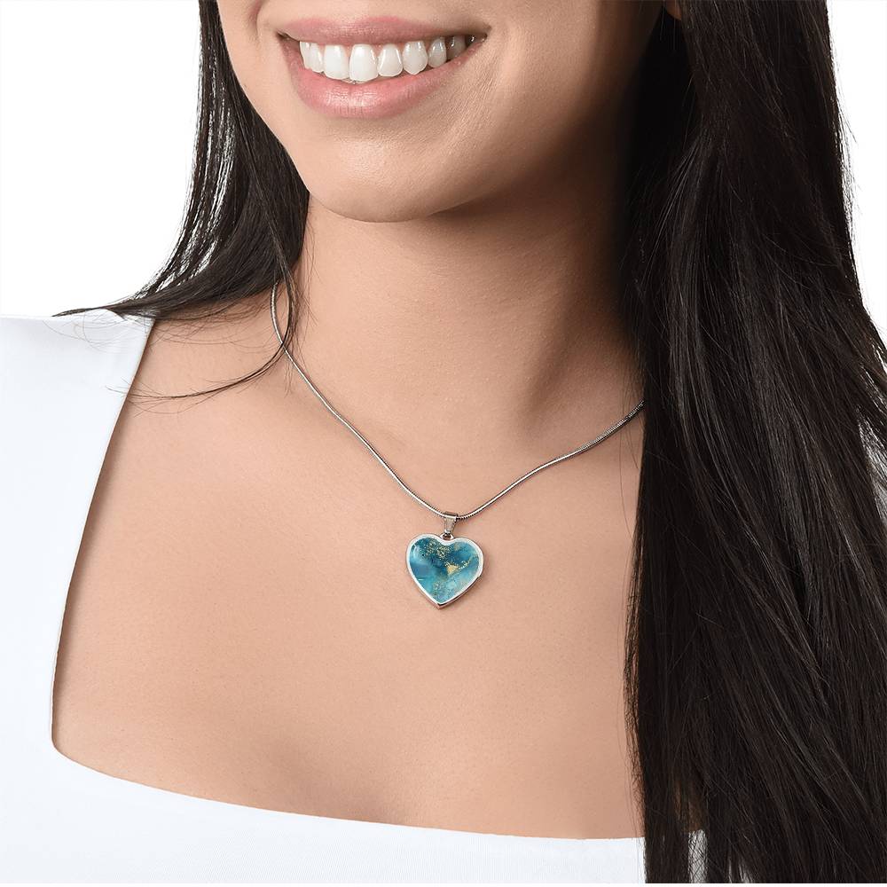 Alcohol Ink Pendant Necklace Blue Gold Wanderlust Jewelry Trendy Fluid Art Colorful Abstract Backgroud Stainless Steel Gold Base