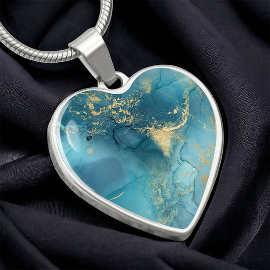 Alcohol Ink Pendant Necklace Blue Gold Wanderlust Jewelry Trendy Fluid Art Colorful Abstract Backgroud Stainless Steel Gold Base