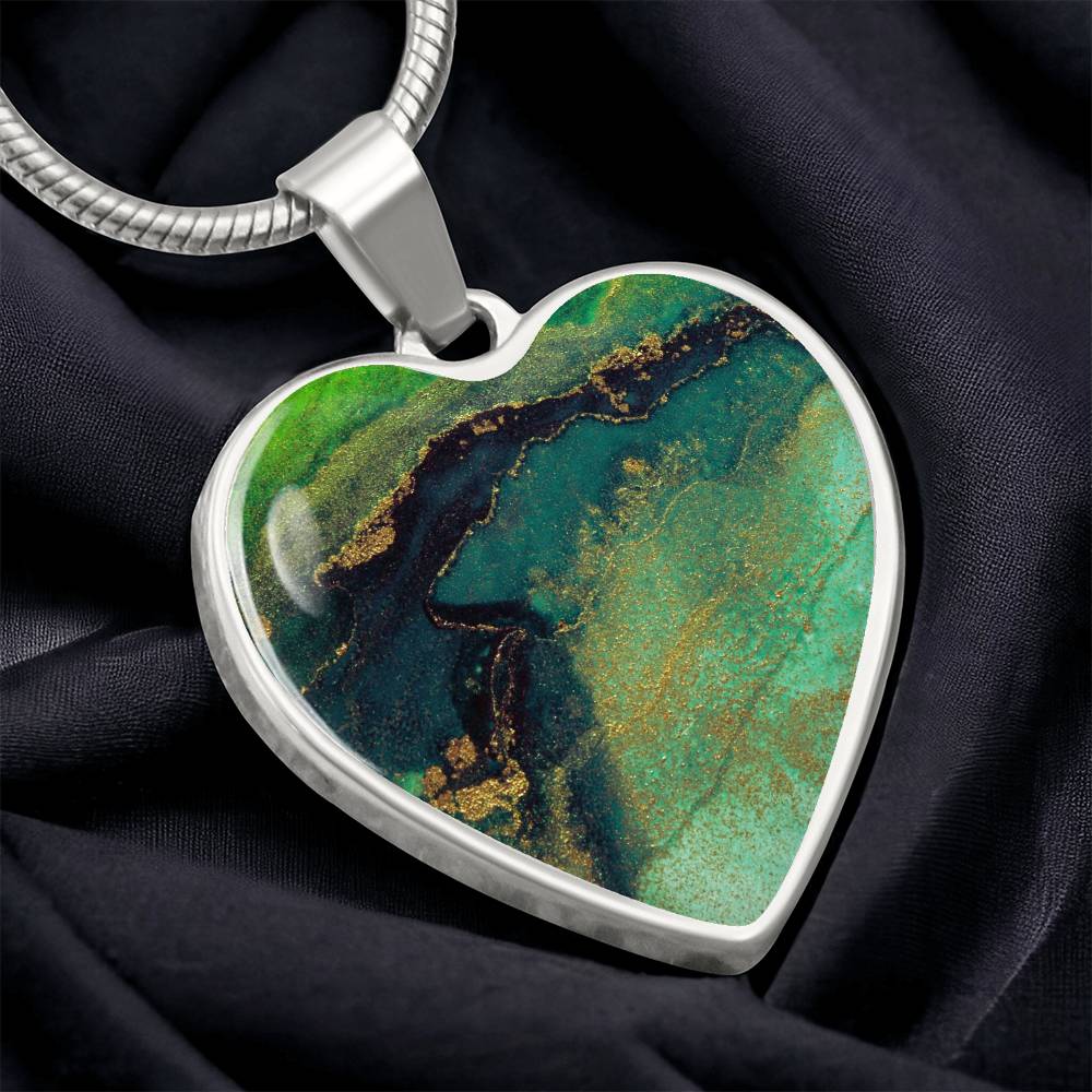 Abstract Alcohol Ink Pendant Necklace Modern Fluid Art Marble Texture Gold Painting Blots Green Shades Gold Trendy Contemporary Art Design