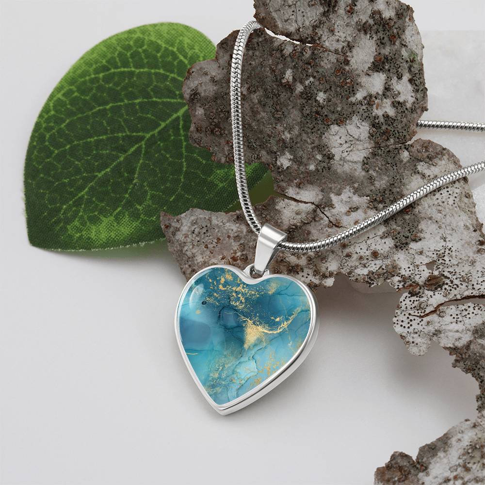 Alcohol Ink Pendant Necklace Blue Gold Wanderlust Jewelry Trendy Fluid Art Colorful Abstract Backgroud Stainless Steel Gold Base