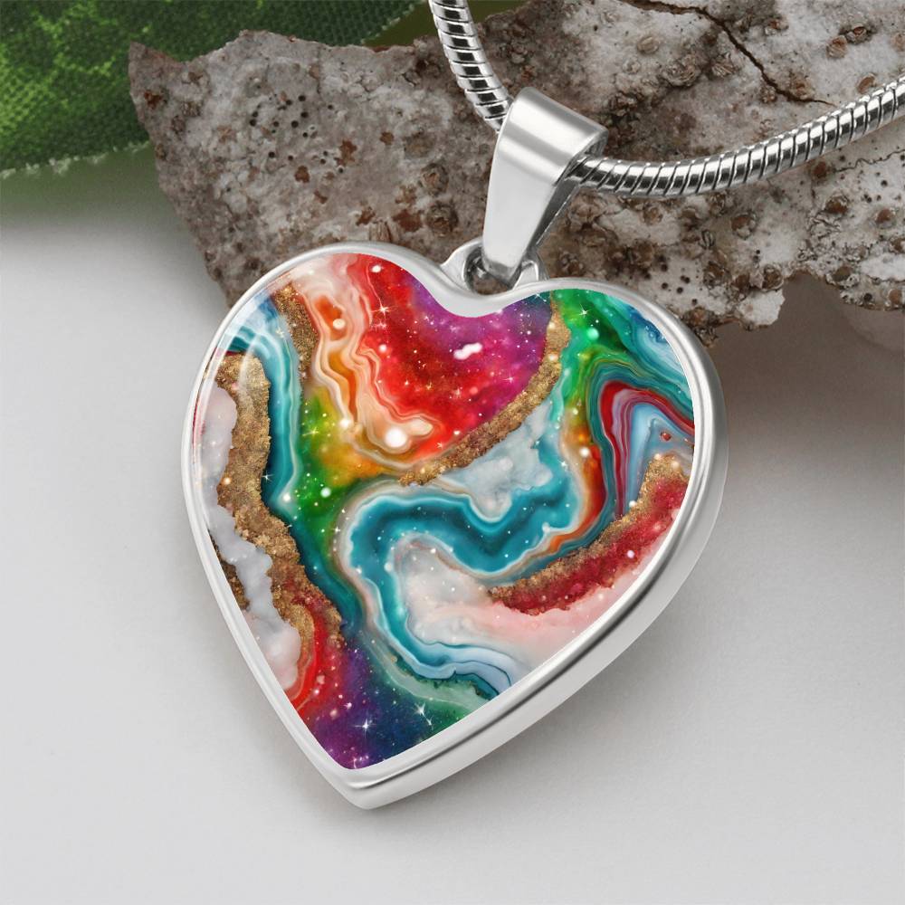 Agate Marble Fluid Art Texture Pendant Necklace Contemporary Glitter Design Rainbow Alcohol Ink Background Modern Abstract Colorful Art