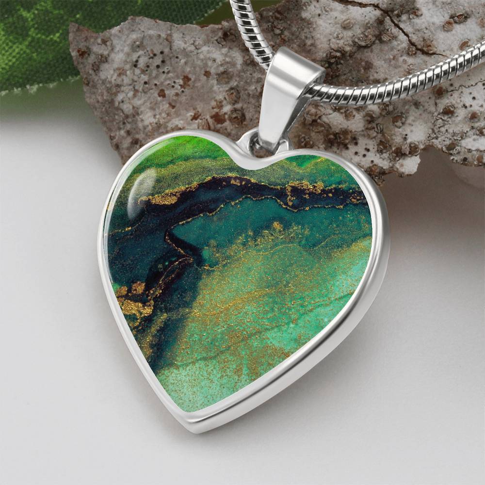 Abstract Alcohol Ink Pendant Necklace Modern Fluid Art Marble Texture Gold Painting Blots Green Shades Gold Trendy Contemporary Art Design