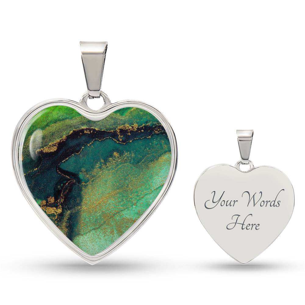 Abstract Alcohol Ink Pendant Necklace Modern Fluid Art Marble Texture Gold Painting Blots Green Shades Gold Trendy Contemporary Art Design