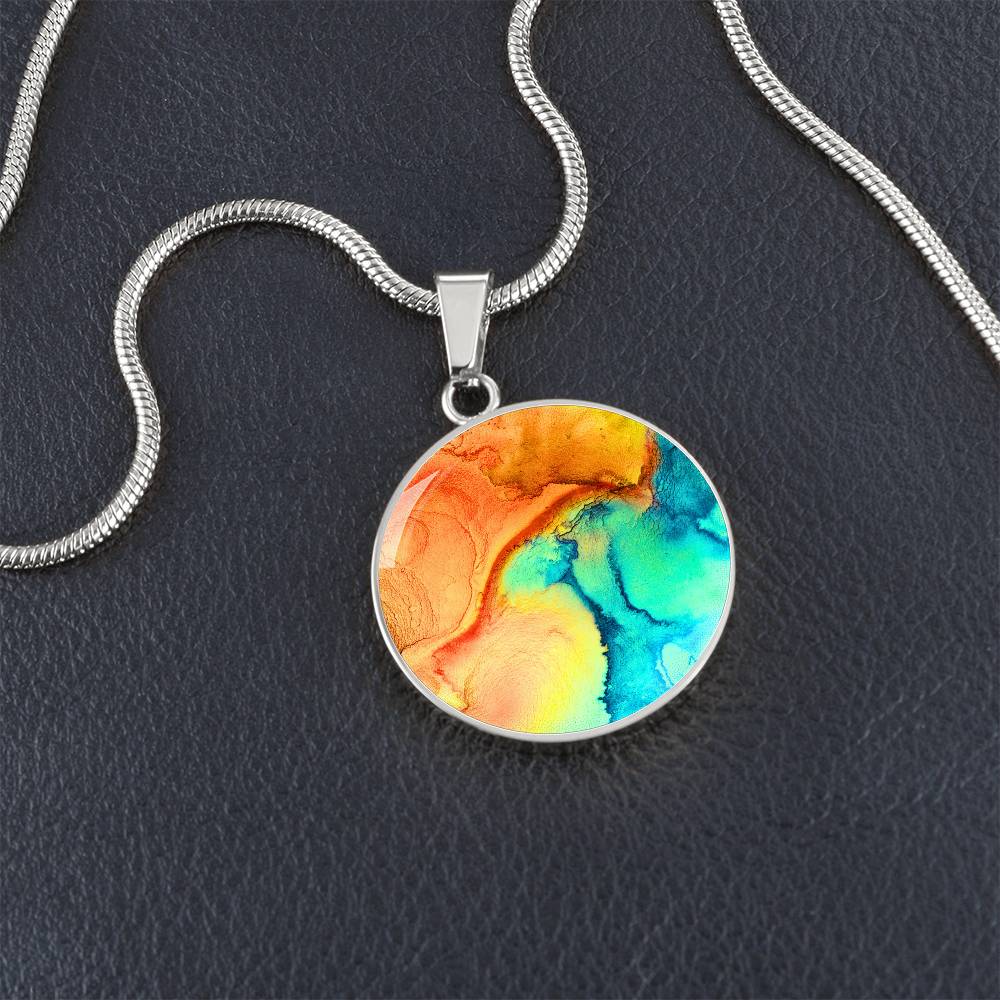 Abstract Alcohol Ink Pendant Necklace Modern Fluid Art Marble Texture Acrylic Paints Orange Turquoise Yellow Trendy Contemporary Art Design