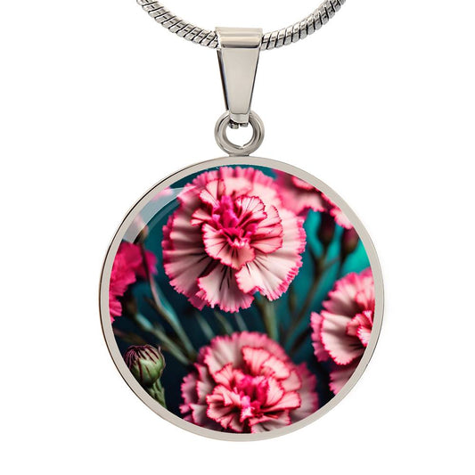 Birthflower Carnation Necklace, January Birth Flower Necklace, Flower Design Circle Pendant Mothers Day Necklace & Valentines Gifts For Her