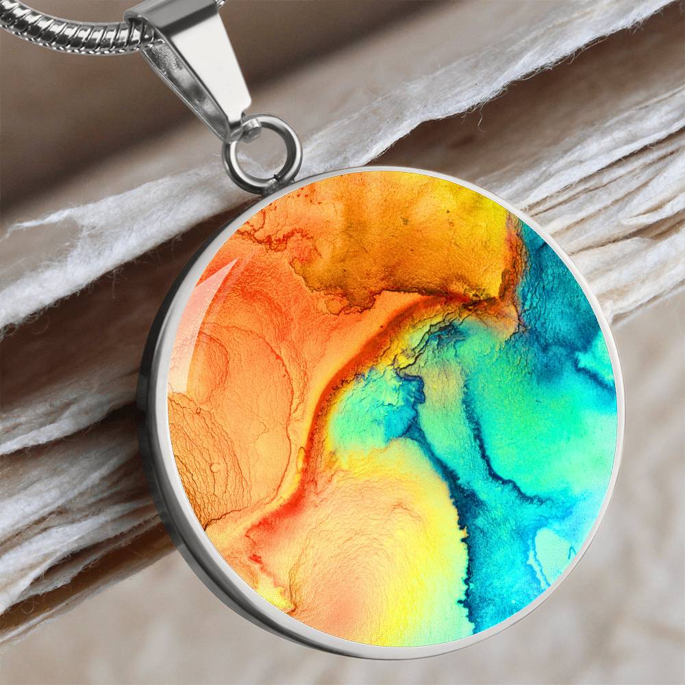 Abstract Alcohol Ink Pendant Necklace Modern Fluid Art Marble Texture Acrylic Paints Orange Turquoise Yellow Trendy Contemporary Art Design