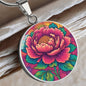 November Birth Flower Peony Psychedelic Art Pendant Necklace, Boho hippie Retro Floral Jewelry, Peonies Groovy Vintage Art Gift for Her