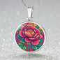 November Birth Flower Peony Psychedelic Art Pendant Necklace, Boho hippie Retro Floral Jewelry, Peonies Groovy Vintage Art Gift for Her