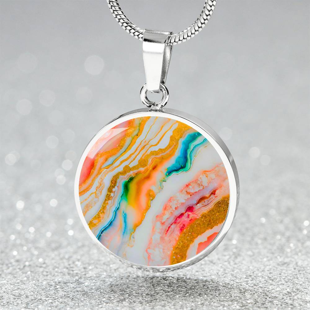 Agate Marble Fluid Art Texture Pendant Necklace Contemporary Glitter Design Rainbow Alcohol Ink Background Modern Abstract Colorful Art