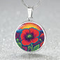 August Birthflower Poppy Trippy 70s 80s Art Pendant Necklace, Boho hippie Retro Poppies Floral Jewelry, Groovy Vintage Art Gift for Her