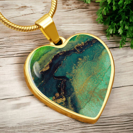 Abstract Alcohol Ink Pendant Necklace Modern Fluid Art Marble Texture Gold Painting Blots Green Shades Gold Trendy Contemporary Art Design