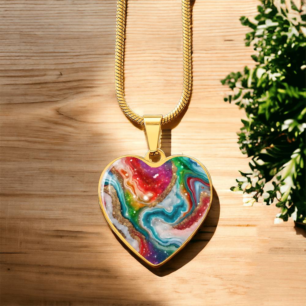 Agate Marble Fluid Art Texture Pendant Necklace Contemporary Glitter Design Rainbow Alcohol Ink Background Modern Abstract Colorful Art