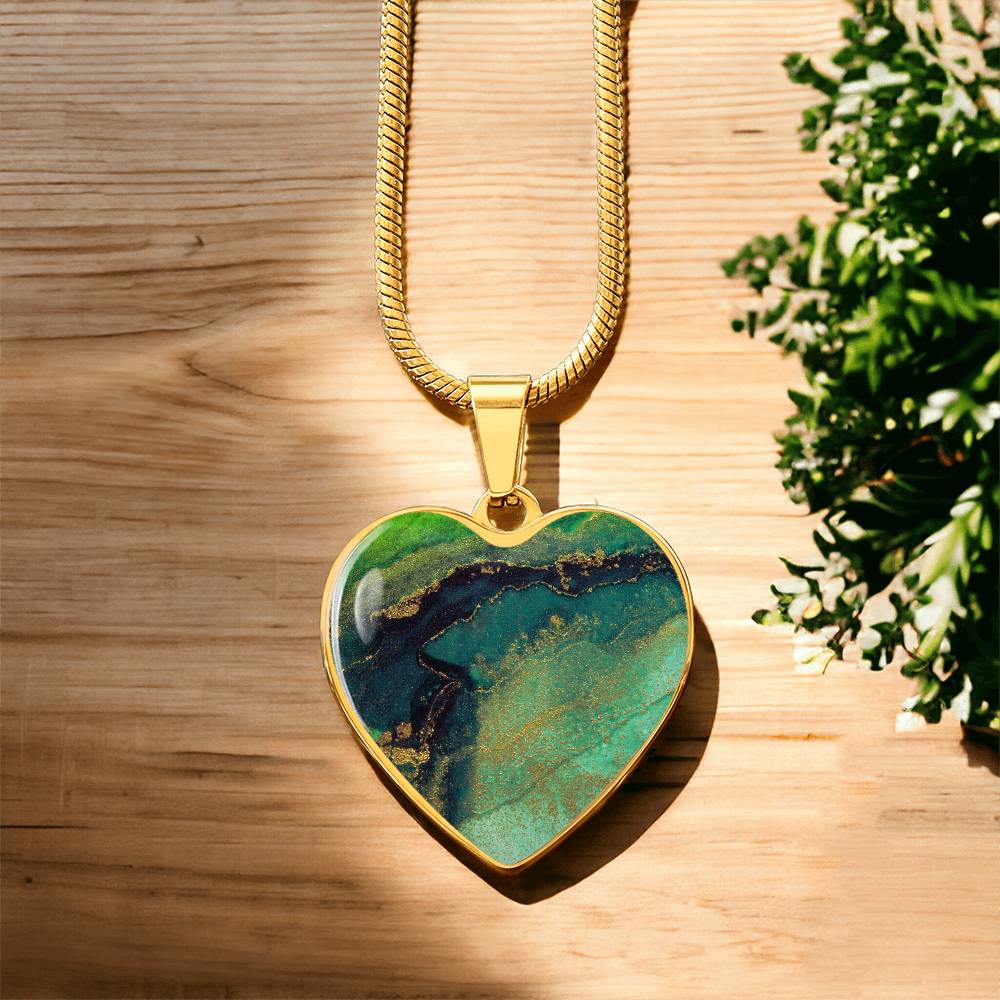 Abstract Alcohol Ink Pendant Necklace Modern Fluid Art Marble Texture Gold Painting Blots Green Shades Gold Trendy Contemporary Art Design