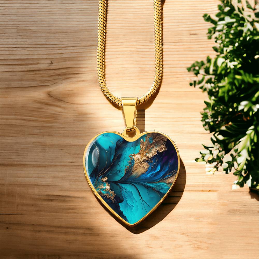 Abstract Alcohol Ink Pendant Necklace Modern Fluid Art Marble Texture Acrylic Paints Purple Blue Gold Trendy Contemporary Art Design