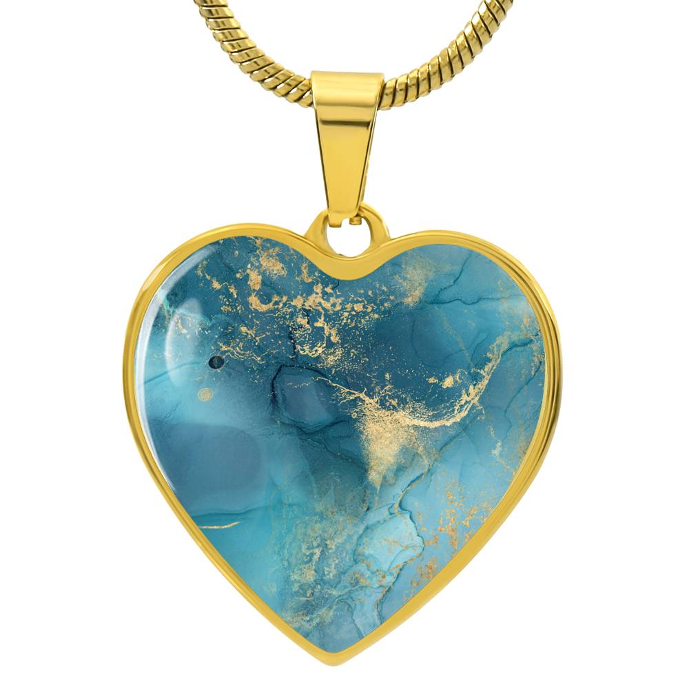 Alcohol Ink Pendant Necklace Blue Gold Wanderlust Jewelry Trendy Fluid Art Colorful Abstract Backgroud Stainless Steel Gold Base