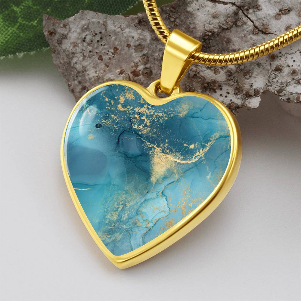 Alcohol Ink Pendant Necklace Blue Gold Wanderlust Jewelry Trendy Fluid Art Colorful Abstract Backgroud Stainless Steel Gold Base