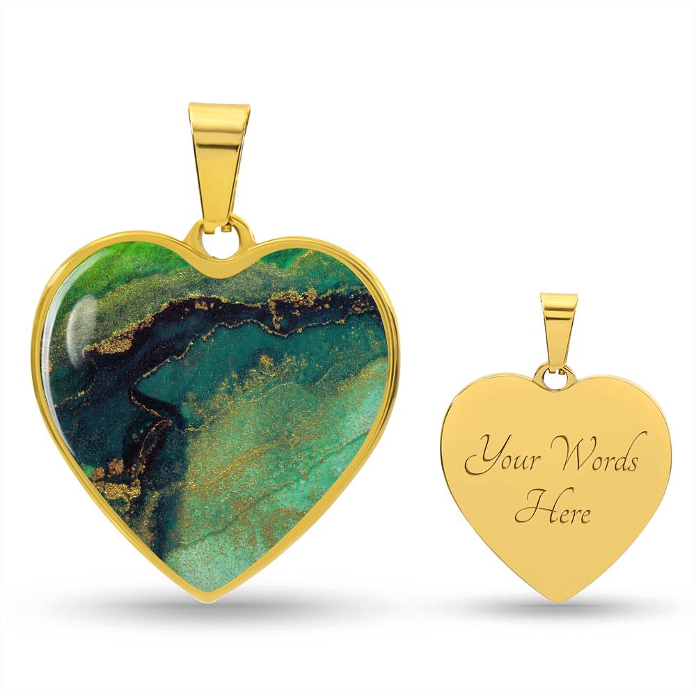 Abstract Alcohol Ink Pendant Necklace Modern Fluid Art Marble Texture Gold Painting Blots Green Shades Gold Trendy Contemporary Art Design