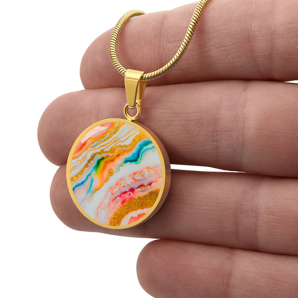 Agate Marble Fluid Art Texture Pendant Necklace Contemporary Glitter Design Rainbow Alcohol Ink Background Modern Abstract Colorful Art