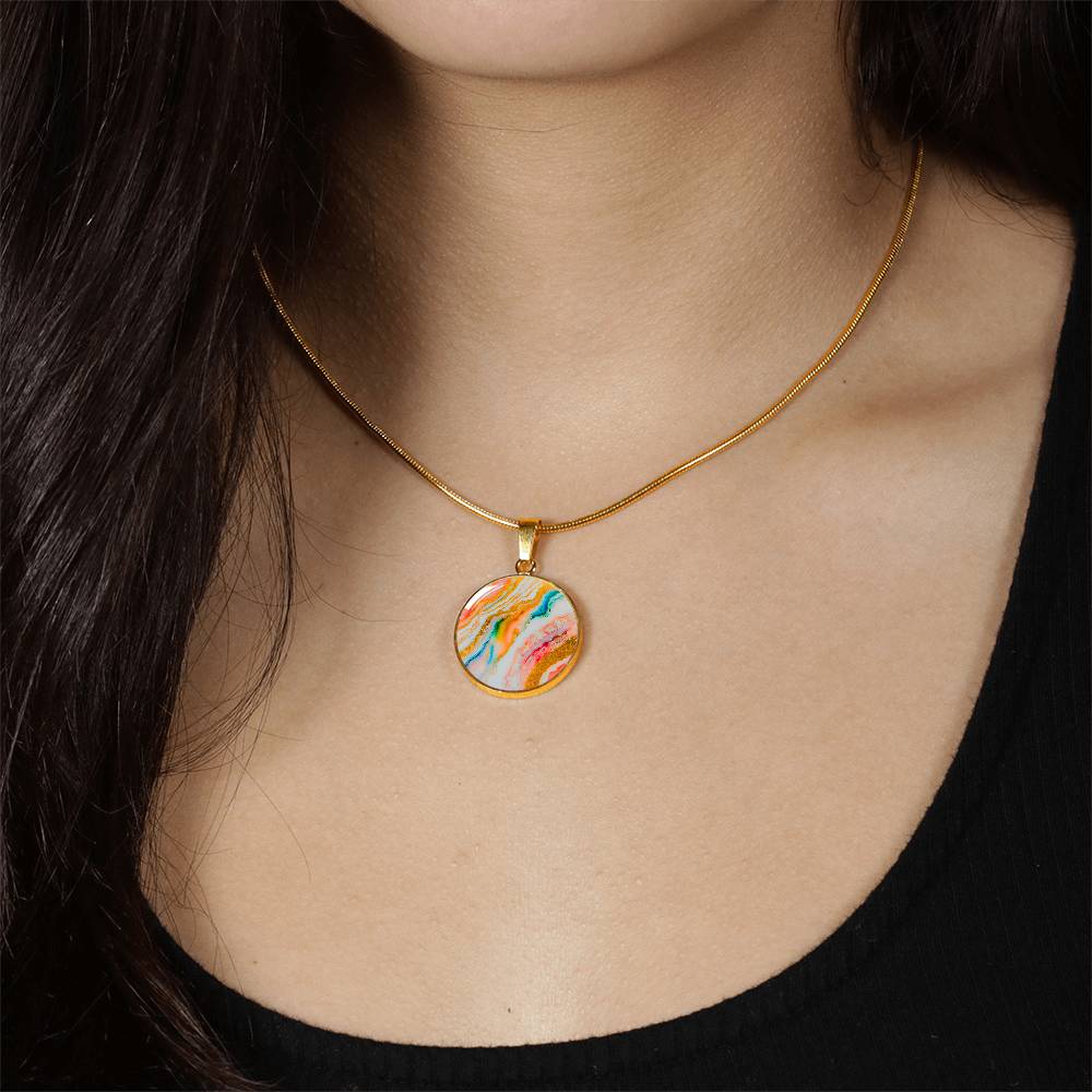 Agate Marble Fluid Art Texture Pendant Necklace Contemporary Glitter Design Rainbow Alcohol Ink Background Modern Abstract Colorful Art