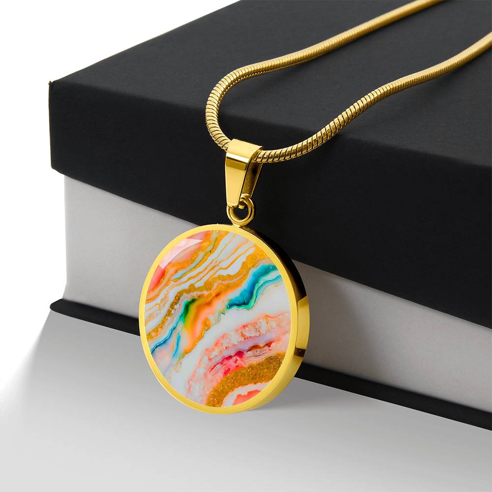 Agate Marble Fluid Art Texture Pendant Necklace Contemporary Glitter Design Rainbow Alcohol Ink Background Modern Abstract Colorful Art