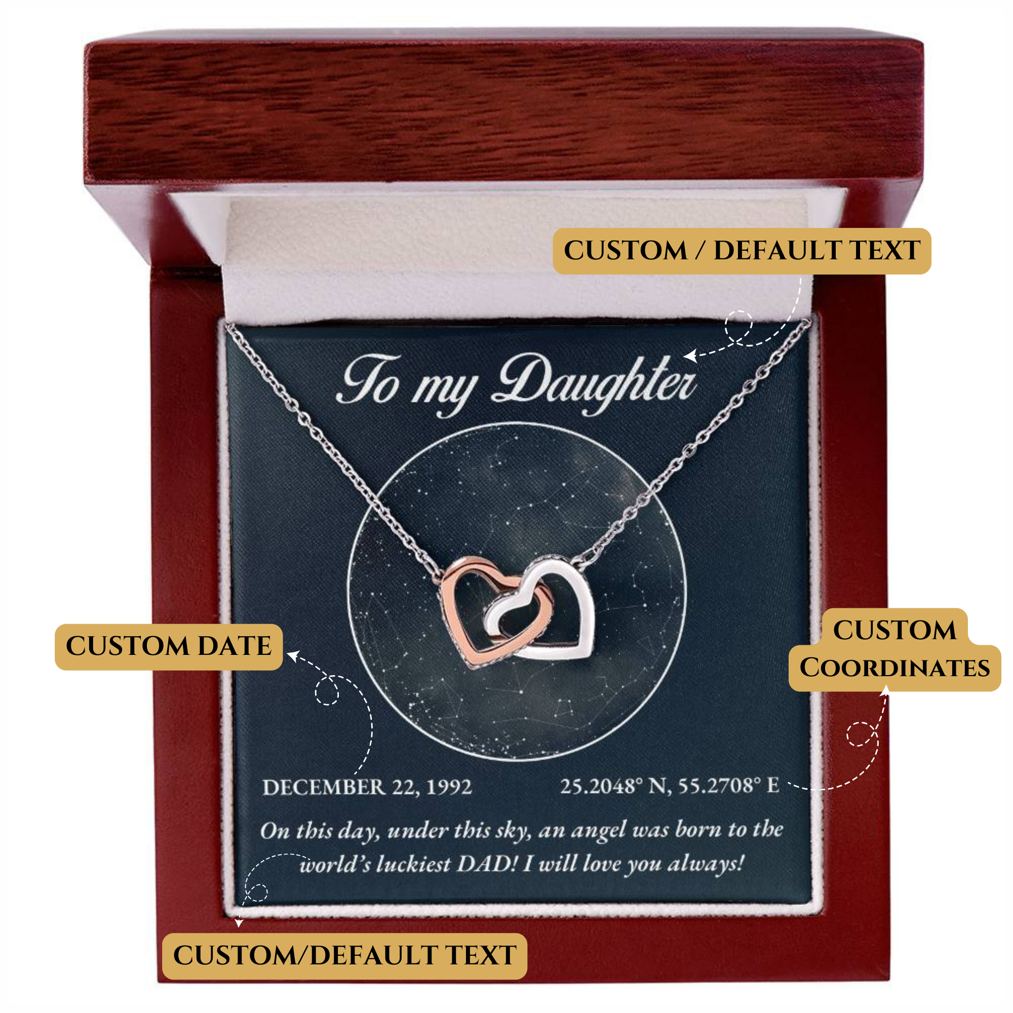 To My Daughter, Personalised Gold Necklace, Daughter Gift Starmap Night Sky Print, Christmas Gift New Year Gift , Daughter Necklace from Dad