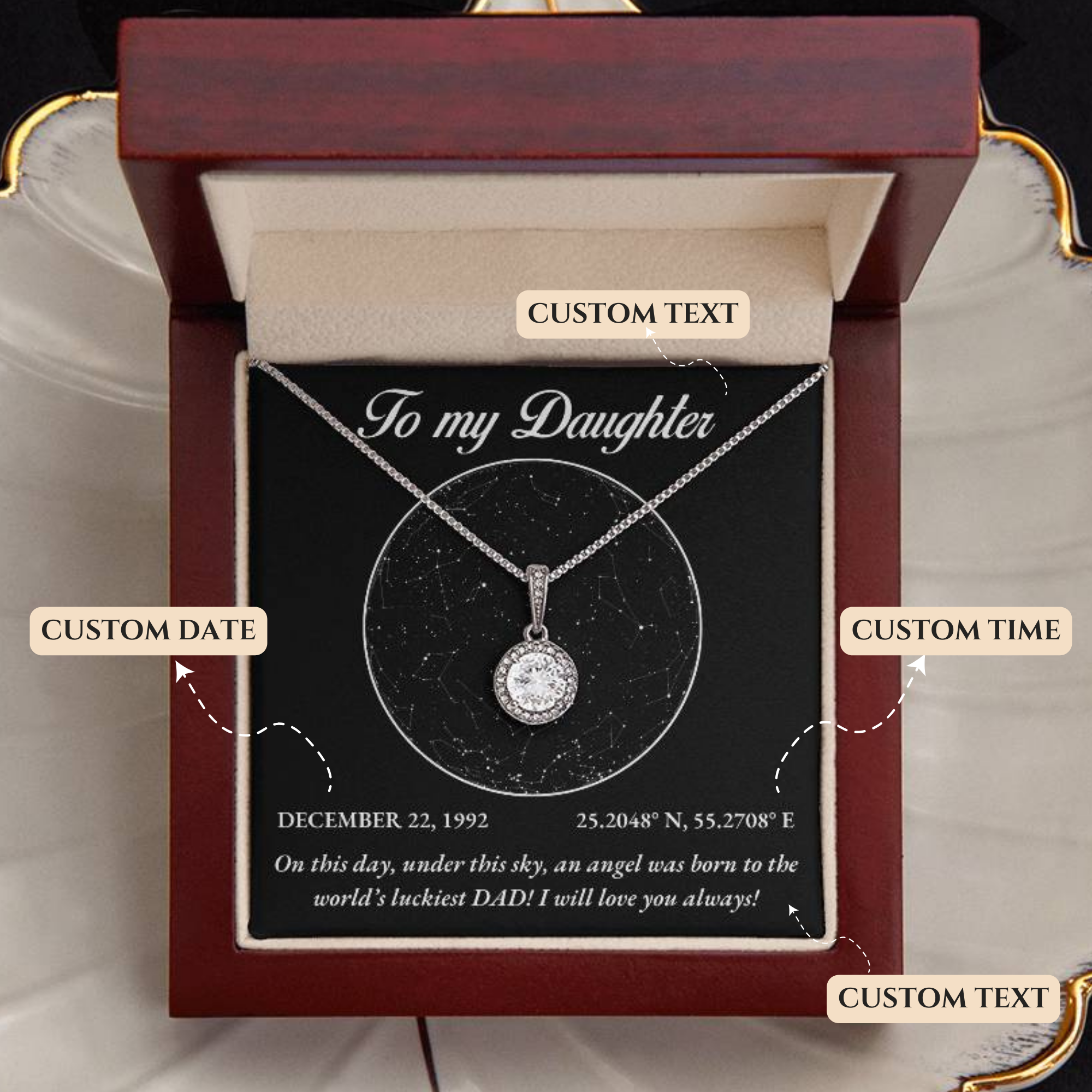 To My Daughter, Personalised Gold Necklace, Daughter Gift Starmap Night Sky Print, Christmas Gift New Year Gift , Daughter Necklace from dad