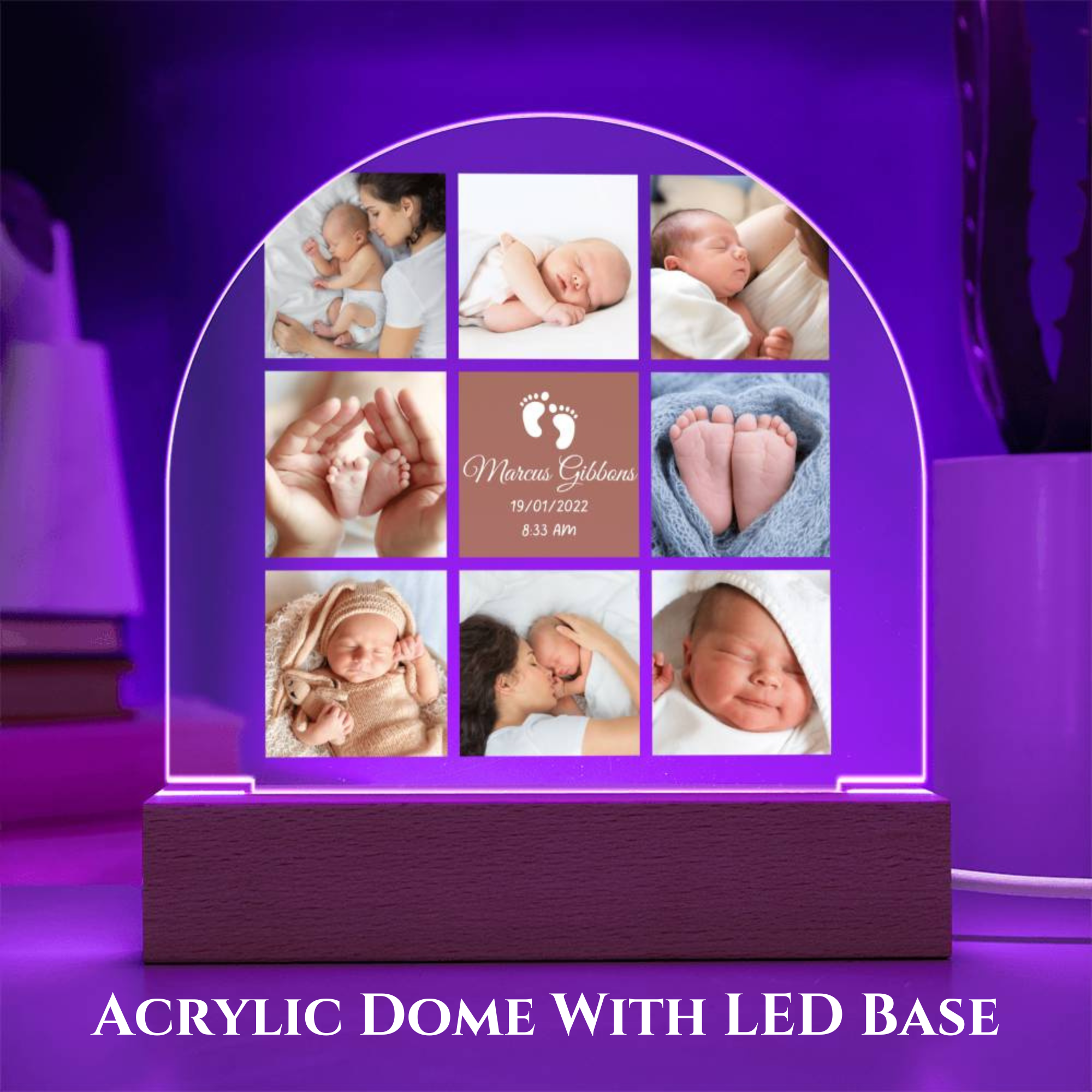Custom name and picture acrylic dome, personalized led light, children's night light, nursery, baby gift
