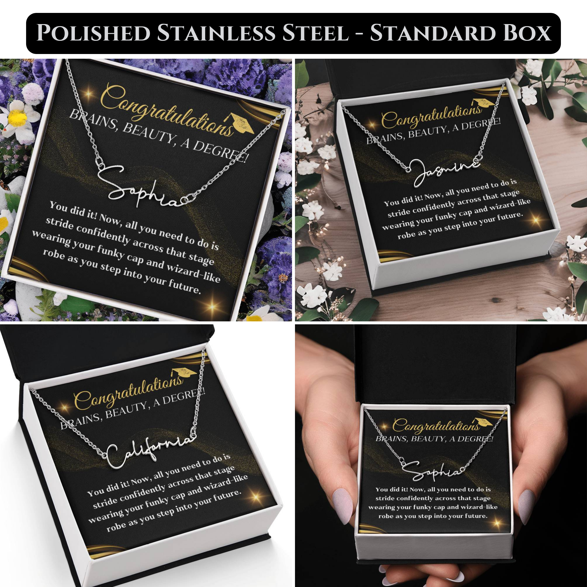 Graduation necklace jewelry congratulations degree gift idea grad hat and robe future stepping congratulatory milestone celebration