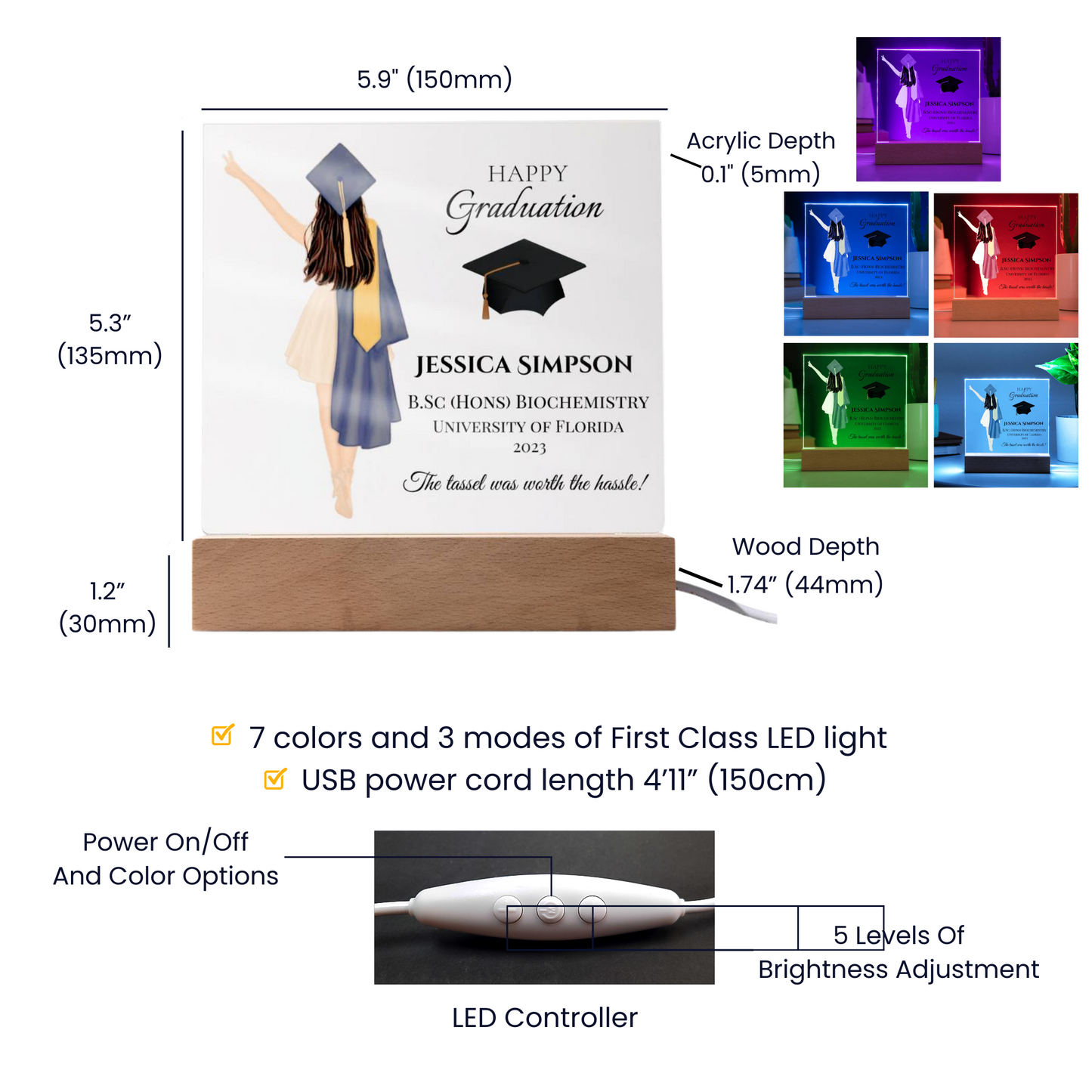Female Personalised Graduation Gift, Congratulations, Class of 2023 Any Year, Graduation Gift for Daughter, Sister, Girlfriend, Acrylic