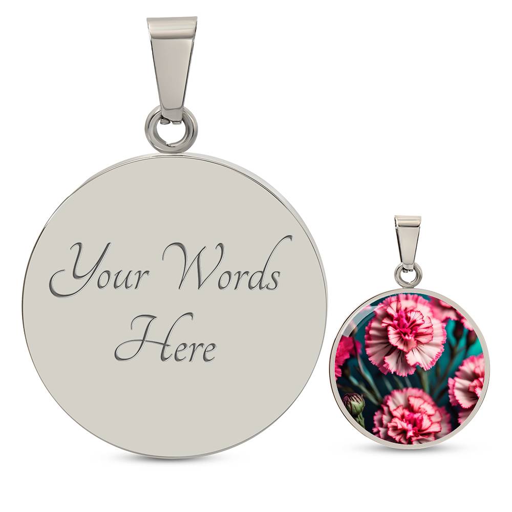 Birthflower Carnation Necklace, January Birth Flower Necklace, Flower Design Circle Pendant Mothers Day Necklace & Valentines Gifts For Her