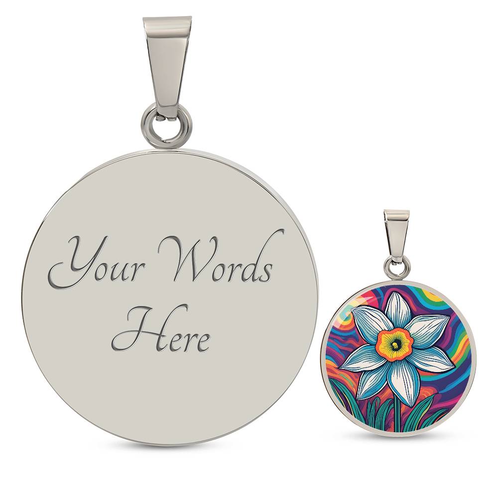 December Birth Flower Narcissus Psychedelic Art Pendant Necklace, Boho hippie Retro Floral Jewelry, Groovy Vintage Art Gift for Her