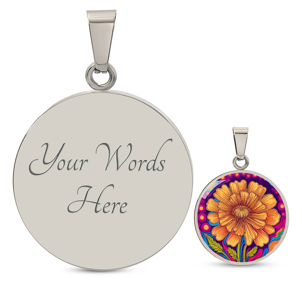 October Birth Flower Marigold Trippy 70s 80s Art Pendant Necklace, Boho hippie Retro Floral Jewelry Marigold Groovy Vintage Art Gift For Her