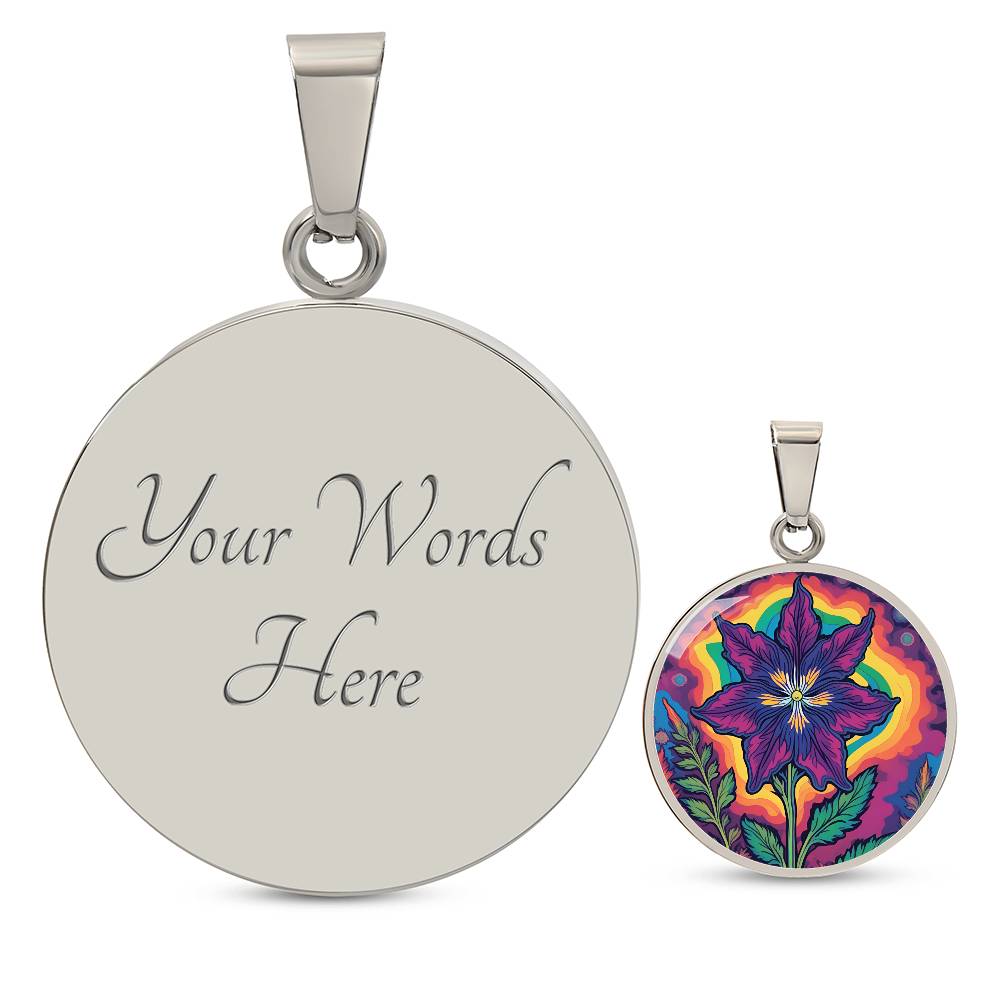 July Birth Flower Larkspur Trippy 70s 80s Art Pendant Necklace, Boho hippie Retro Floral Jewelry Larkspur Groovy Vintage Art Gift For Her