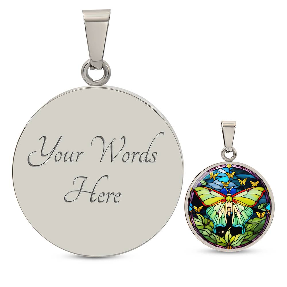 Stained Glass Luna Moth Pendant Necklace, Butterfly Celestial pendant, Lunar Cycle, Cottagecore insect jewelry, Mystic Moon and Moth Pendant