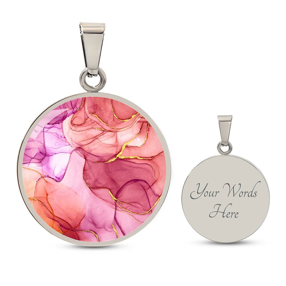 Alcohol Ink Pendant Necklace Pink Purple Gold Wanderlust Jewelry Trendy Fluid Art Colorful Abstract Backgroud Stainless Steel Gold Base