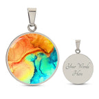 Abstract Alcohol Ink Pendant Necklace Modern Fluid Art Marble Texture Acrylic Paints Orange Turquoise Yellow Trendy Contemporary Art Design