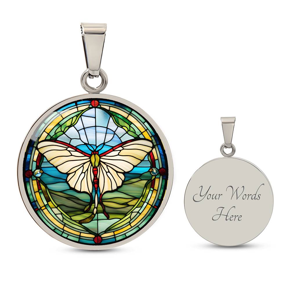 Stained Glass Luna Moth Pendant Necklace, Butterfly Celestial pendant, Lunar Cycle, Cottagecore insect jewelry, Mystic Moon and Moth Pendant