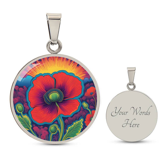 August Birthflower Poppy Trippy 70s 80s Art Pendant Necklace, Boho hippie Retro Poppies Floral Jewelry, Groovy Vintage Art Gift for Her