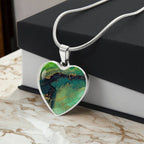 Abstract Alcohol Ink Pendant Necklace Modern Fluid Art Marble Texture Gold Painting Blots Green Shades Gold Trendy Contemporary Art Design