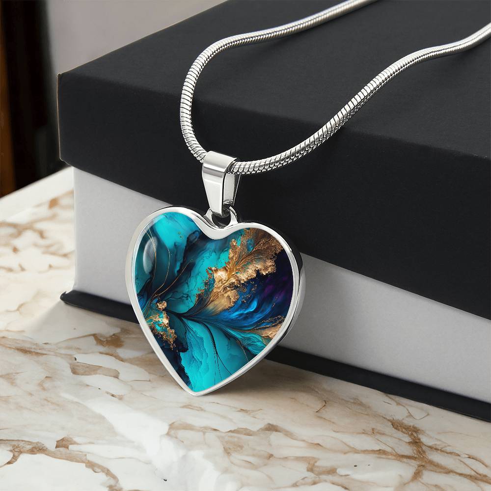 Abstract Alcohol Ink Pendant Necklace Modern Fluid Art Marble Texture Acrylic Paints Purple Blue Gold Trendy Contemporary Art Design