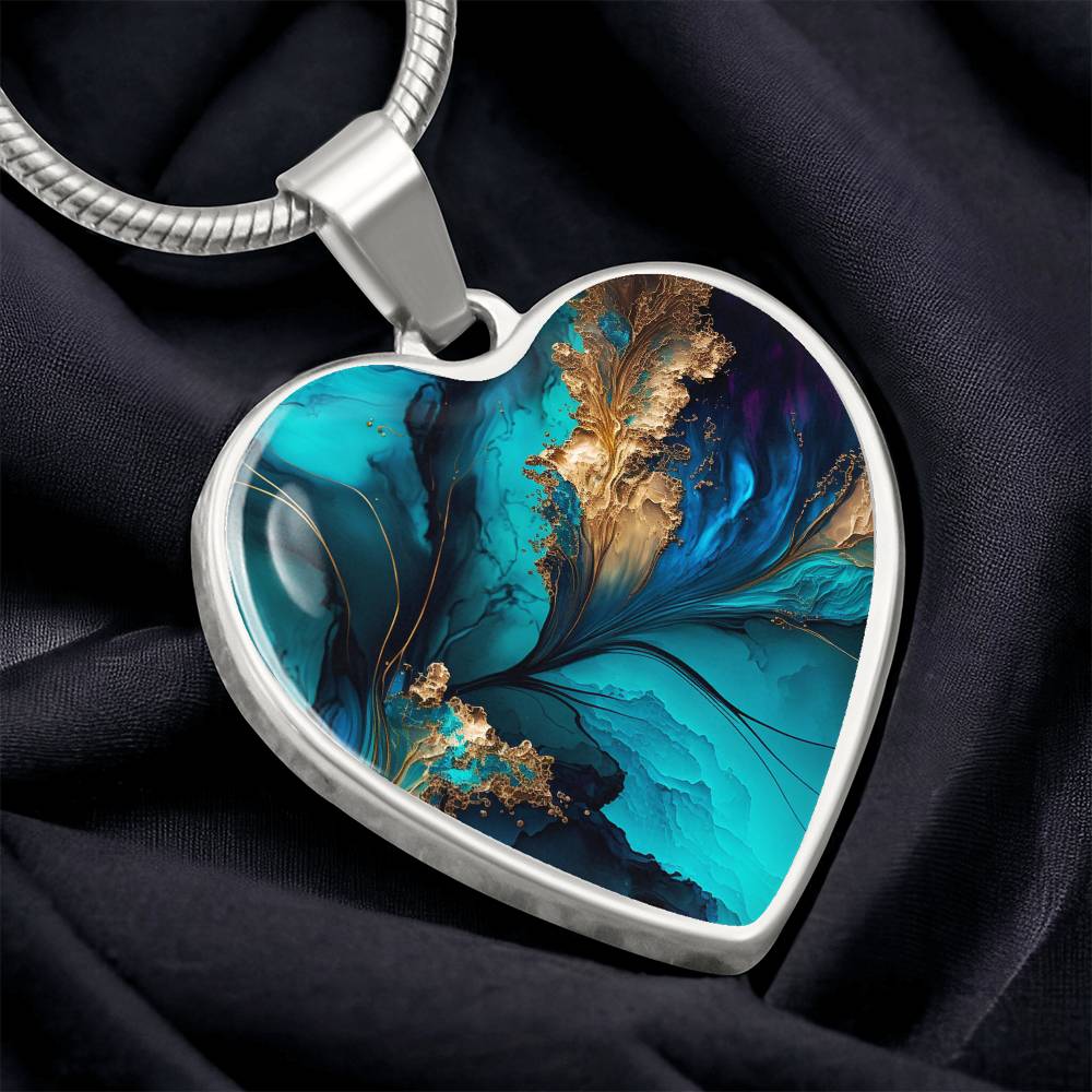 Abstract Alcohol Ink Pendant Necklace Modern Fluid Art Marble Texture Acrylic Paints Purple Blue Gold Trendy Contemporary Art Design