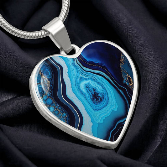 Alcohol Ink Pendant Necklace Blue Gold Wanderlust Jewelry Trendy Fluid Art Colorful Abstract Background Stainless Steel Gold Base
