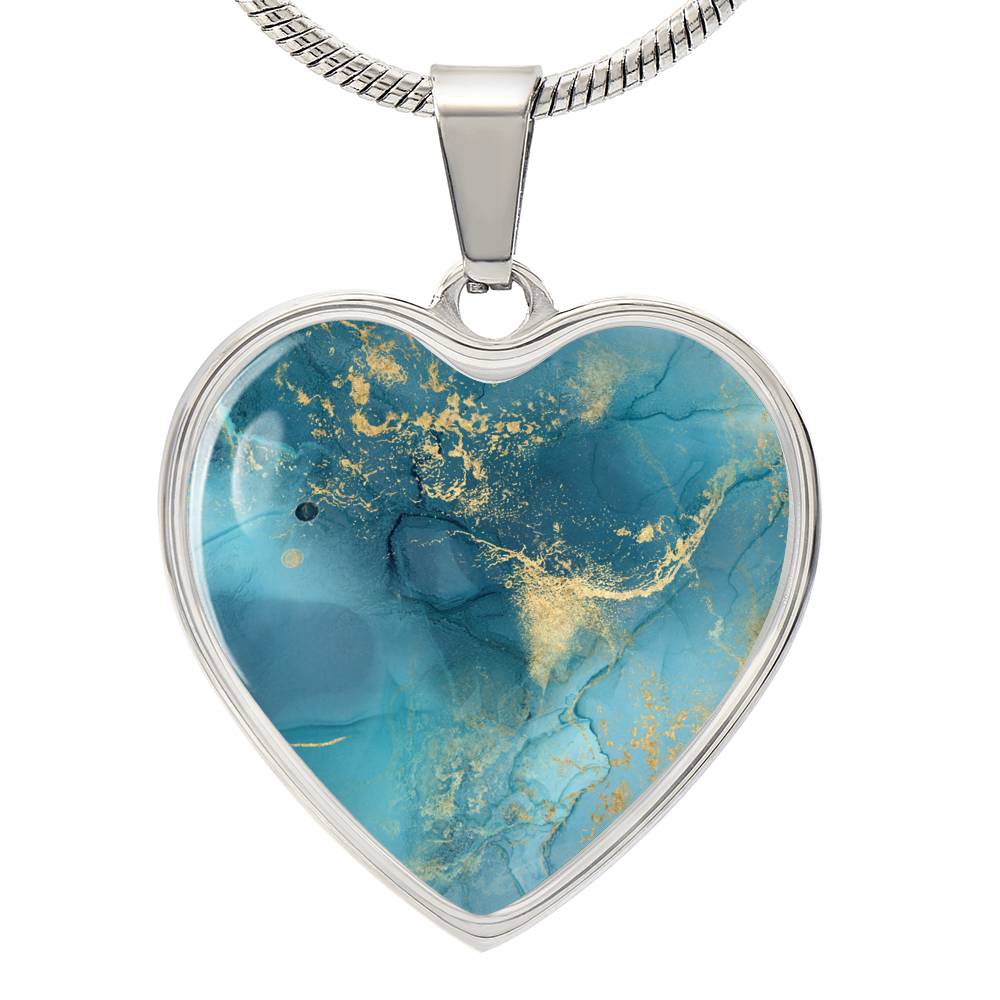 Alcohol Ink Pendant Necklace Blue Gold Wanderlust Jewelry Trendy Fluid Art Colorful Abstract Backgroud Stainless Steel Gold Base