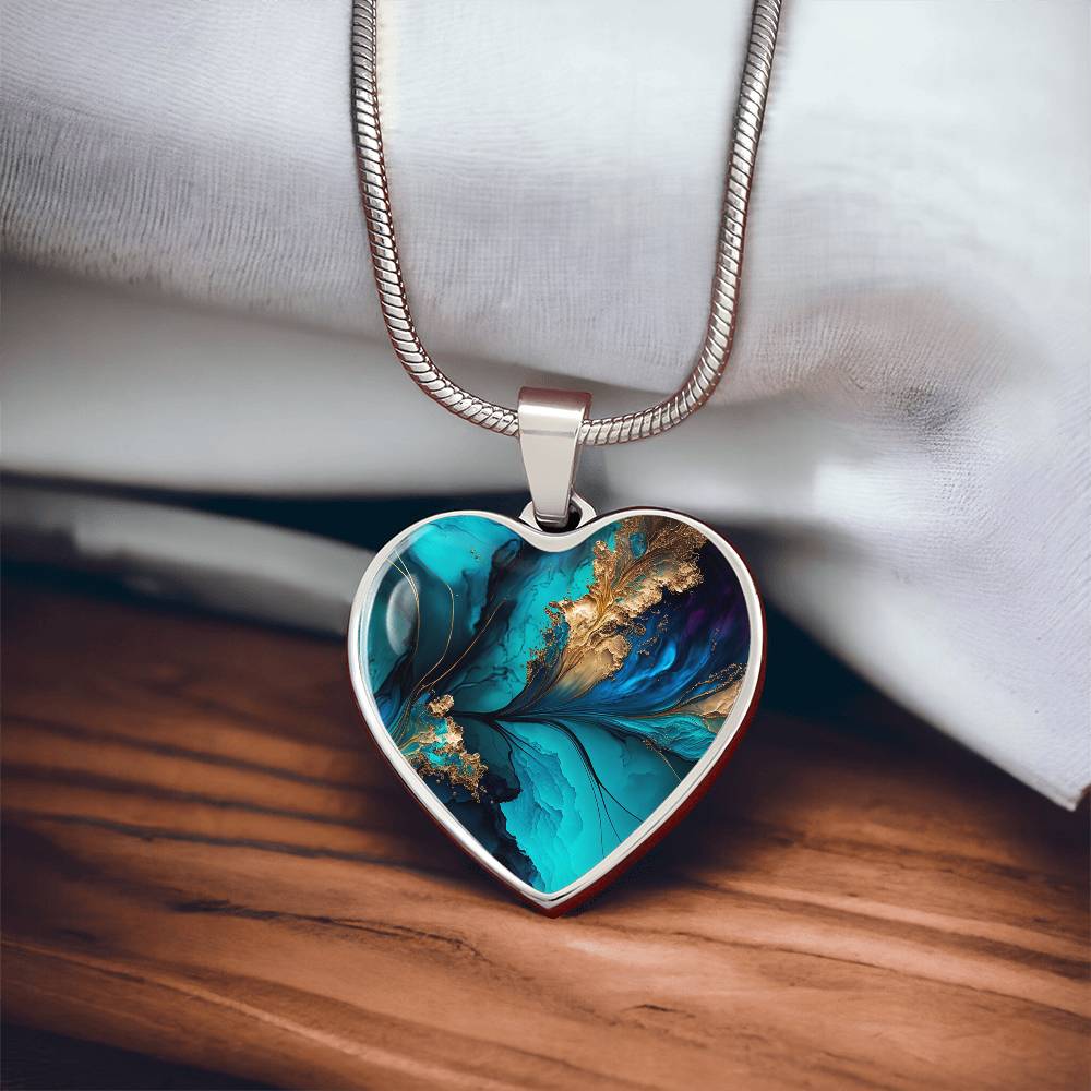 Abstract Alcohol Ink Pendant Necklace Modern Fluid Art Marble Texture Acrylic Paints Purple Blue Gold Trendy Contemporary Art Design
