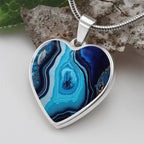 Alcohol Ink Pendant Necklace Blue Gold Wanderlust Jewelry Trendy Fluid Art Colorful Abstract Background Stainless Steel Gold Base