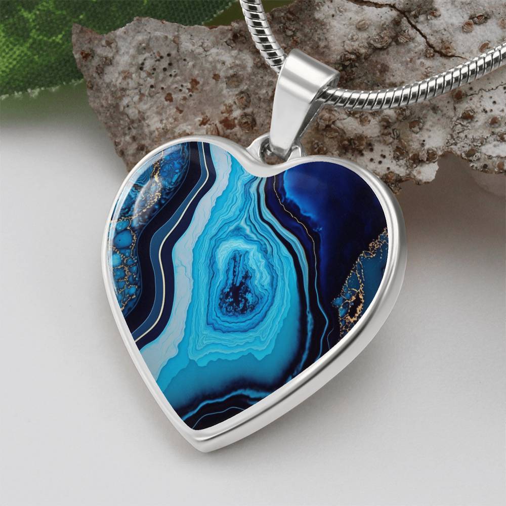 Alcohol Ink Pendant Necklace Blue Gold Wanderlust Jewelry Trendy Fluid Art Colorful Abstract Background Stainless Steel Gold Base