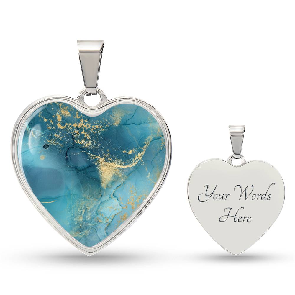 Alcohol Ink Pendant Necklace Blue Gold Wanderlust Jewelry Trendy Fluid Art Colorful Abstract Backgroud Stainless Steel Gold Base