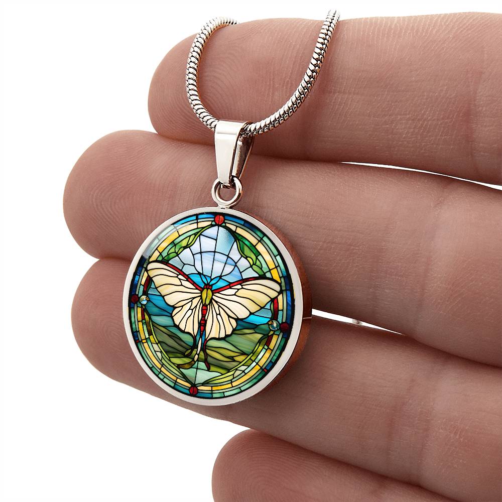 Stained Glass Luna Moth Pendant Necklace, Butterfly Celestial pendant, Lunar Cycle, Cottagecore insect jewelry, Mystic Moon and Moth Pendant