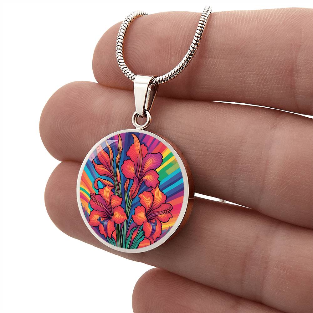 August Birth Flower Gladiolus Psychedelic Art Pendant Necklace, Boho hippie Retro Floral Jewelry, Gladioli Groovy Vintage Art Gift for Her
